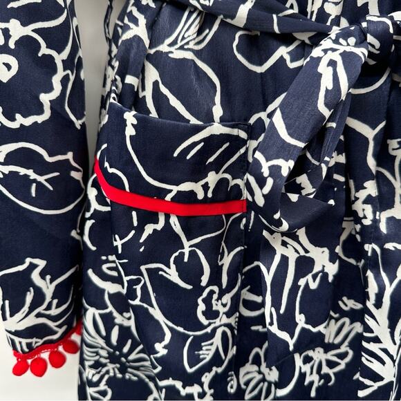 Misa Azores Tasseled Navy Blue & White Floral Long Sleeve Tie Long Kimono XS NEW - Picture 6 of 13